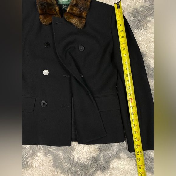 Vintage Ralph Lauren Wool Blazer 2 Pc Womens 10 Black Wool Faux Mink Fur Collar - Picture 6 of 9
